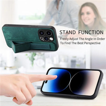 D11 For iPhone 14 Pro Case Retro Leather Scratch-resistant Wristband Kickstand Smartphone Cover