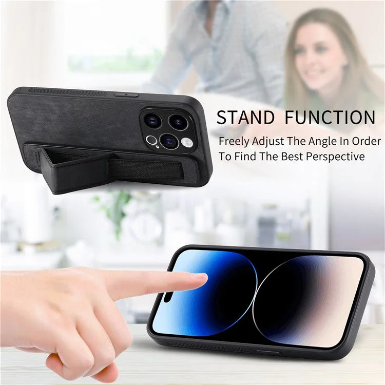 D11 For iPhone 14 Pro Case Retro Leather Scratch-resistant Wristband Kickstand Smartphone Cover