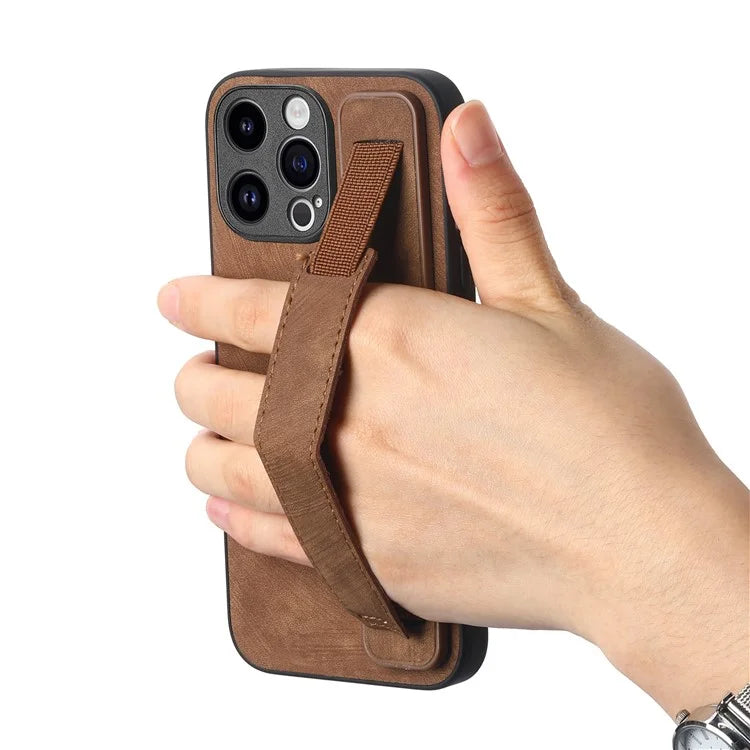 D11 For iPhone 14 Pro Case Retro Leather Scratch-resistant Wristband Kickstand Smartphone Cover