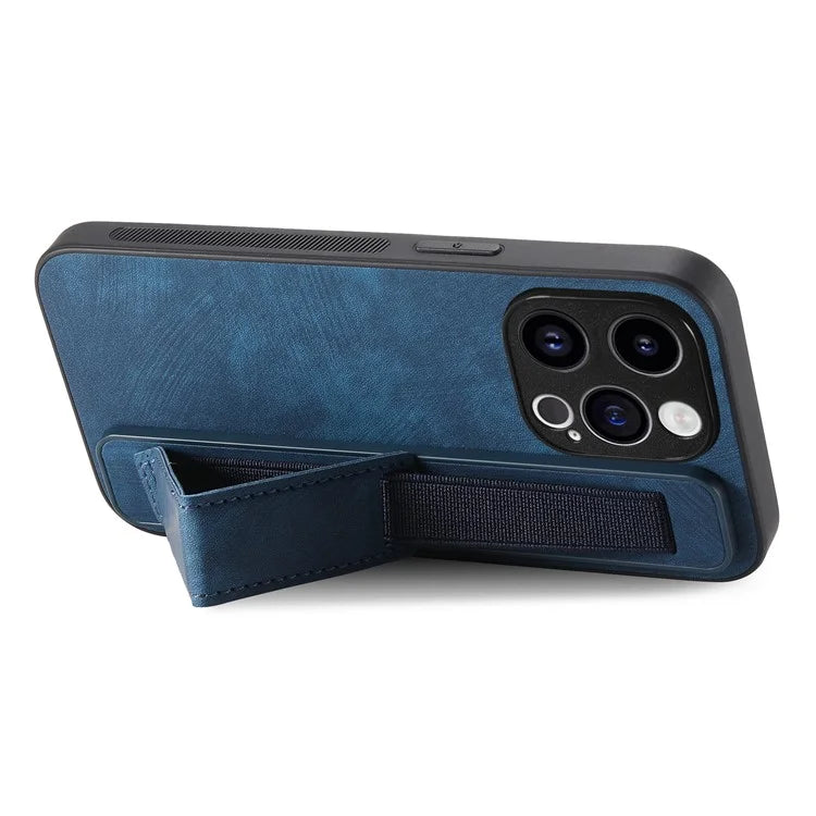 D11 For iPhone 14 Pro Case Retro Leather Scratch-resistant Wristband Kickstand Smartphone Cover