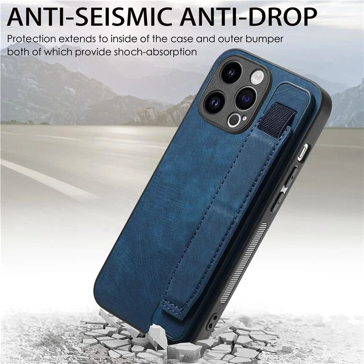 D11 For iPhone 14 Pro Case Retro Leather Scratch-resistant Wristband Kickstand Smartphone Cover