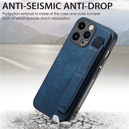 D11 For iPhone 14 Pro Case Retro Leather Scratch-resistant Wristband Kickstand Smartphone Cover