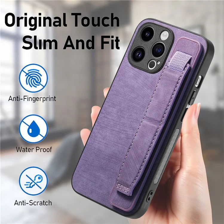 D11 For iPhone 14 Pro Case Retro Leather Scratch-resistant Wristband Kickstand Smartphone Cover