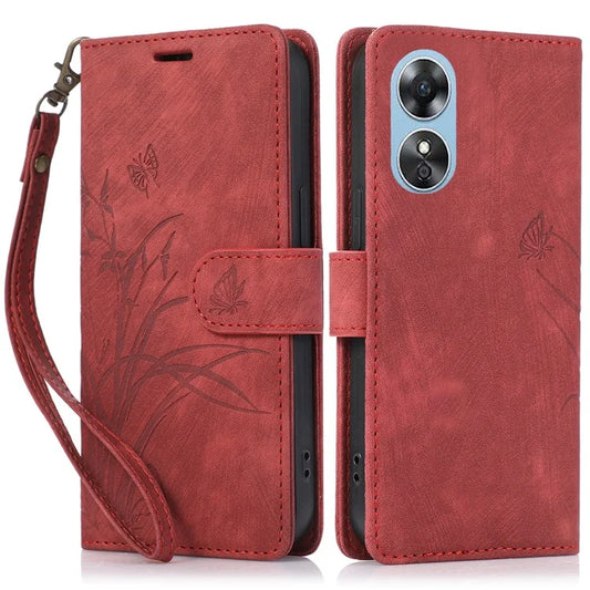 For Oppo A17 4G / A17k 4G Cell Phone Case Imprint Orchid Butterfly Pattern Wallet Leather Cover