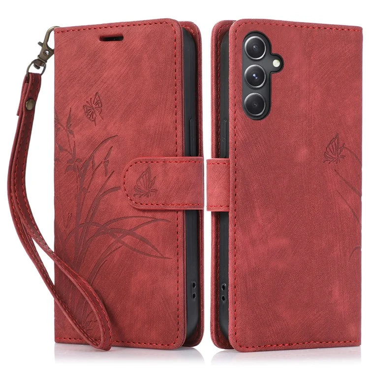 For Samsung Galaxy A05s 4G Leather Case with Strap Orchid Butterfly Pattern
