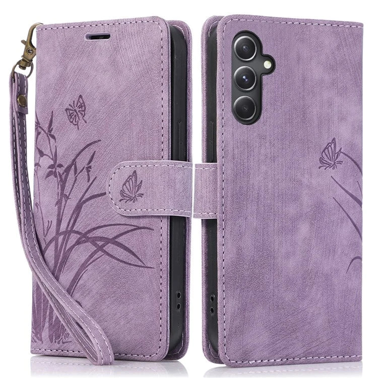 For Samsung Galaxy A05s 4G Leather Case with Strap Orchid Butterfly Pattern