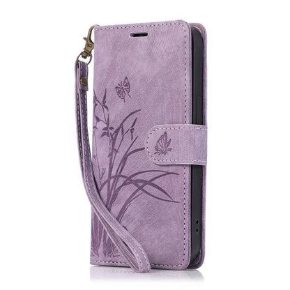 For Samsung Galaxy A05s 4G Leather Case with Strap Orchid Butterfly Pattern