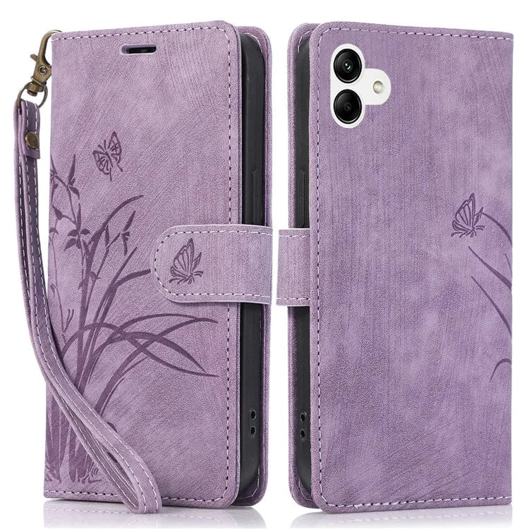 For Samsung Galaxy A04e 4G / F04 4G / M04 4G Leather Wallet Case Orchid Butterfly Pattern