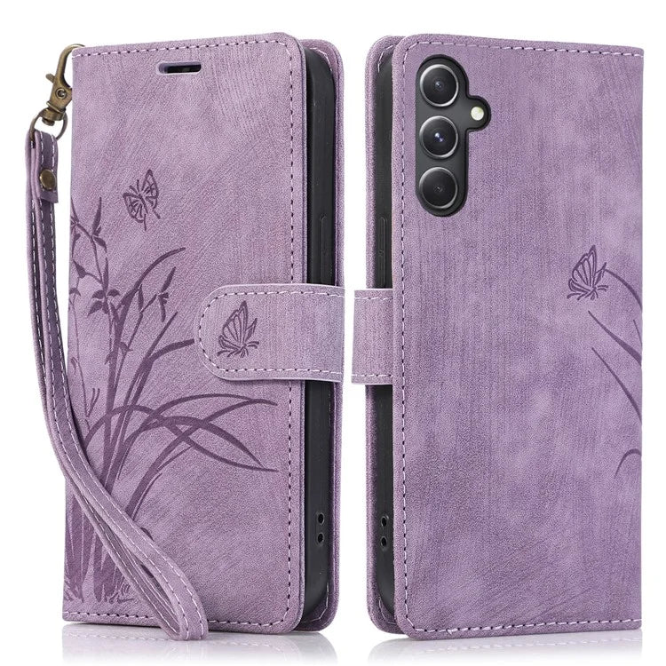 For Samsung Galaxy S23 FE Phone Wallet Case Orchid Butterfly Pattern Leather Cover