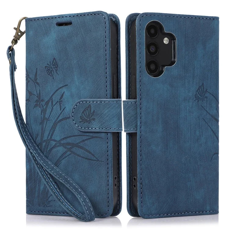 For Samsung Galaxy A13 4G / 5G Orchid Butterfly Leather Wallet Case with Strap