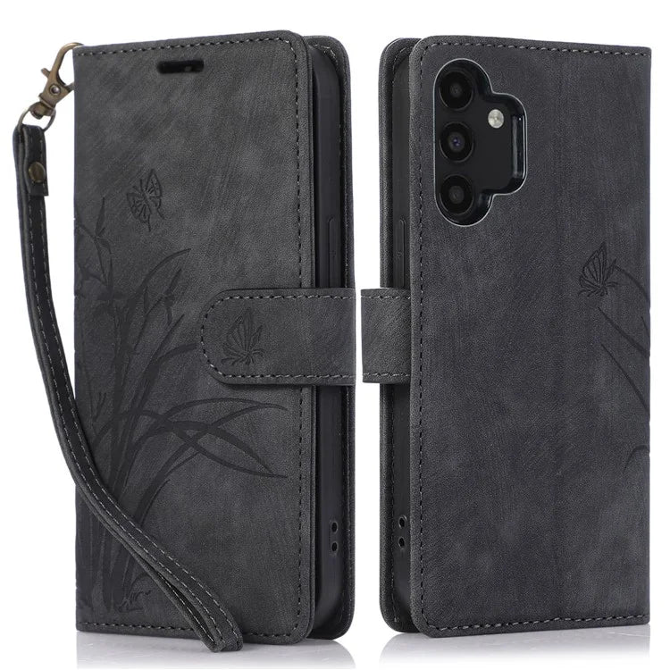 For Samsung Galaxy A13 4G / 5G Orchid Butterfly Leather Wallet Case with Strap