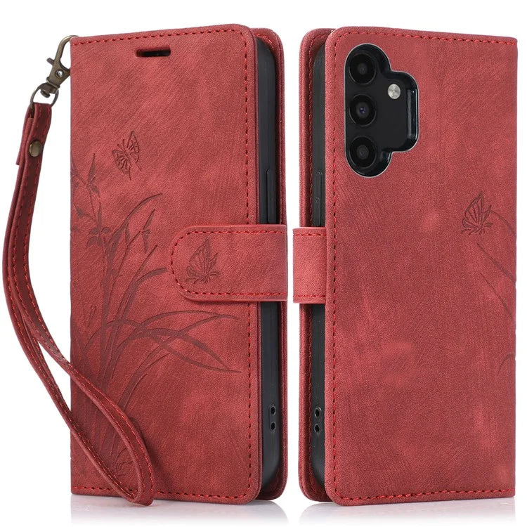 For Samsung Galaxy A13 4G / 5G Orchid Butterfly Leather Wallet Case with Strap