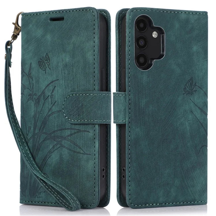 For Samsung Galaxy A13 4G / 5G Orchid Butterfly Leather Wallet Case with Strap