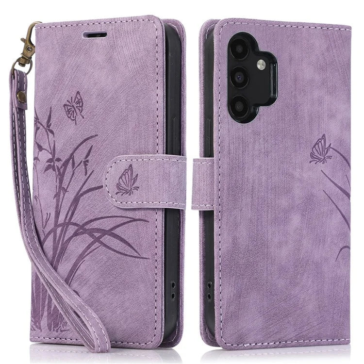 For Samsung Galaxy A13 4G / 5G Orchid Butterfly Leather Wallet Case with Strap