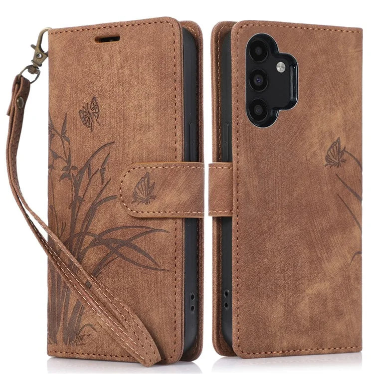 For Samsung Galaxy A13 4G / 5G Orchid Butterfly Leather Wallet Case with Strap