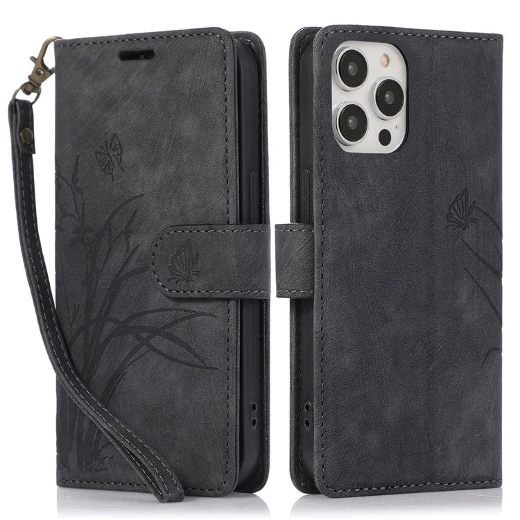 For iPhone 15 Pro Max Leather Case Orchid Butterfly Flip Wallet Phone Cover
