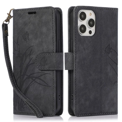 For iPhone 15 Pro Max Leather Case Orchid Butterfly Flip Wallet Phone Cover
