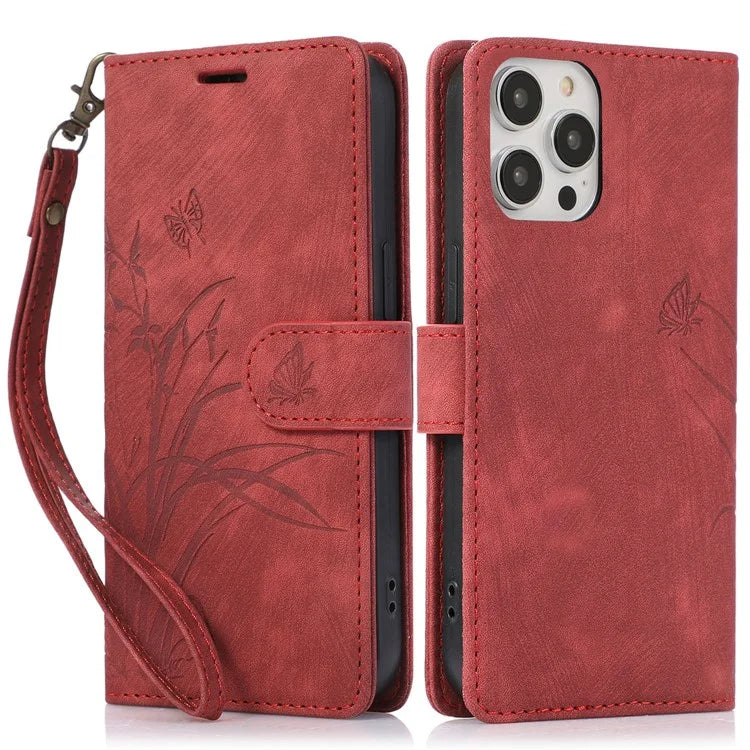 For iPhone 15 Pro Max Leather Case Orchid Butterfly Flip Wallet Phone Cover