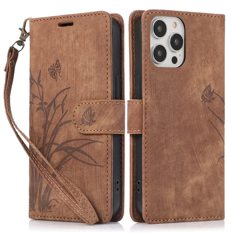 For iPhone 15 Pro Max Leather Case Orchid Butterfly Flip Wallet Phone Cover