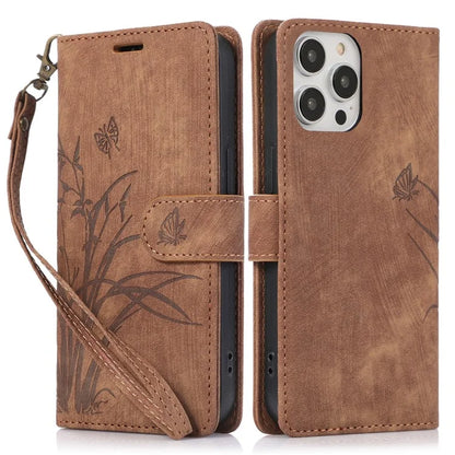 For iPhone 15 Pro Max Leather Case Orchid Butterfly Flip Wallet Phone Cover