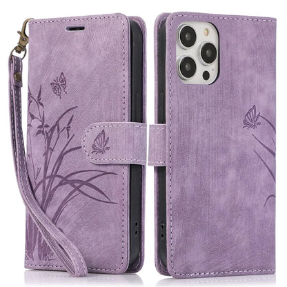For iPhone 15 Pro Max Leather Case Orchid Butterfly Flip Wallet Phone Cover