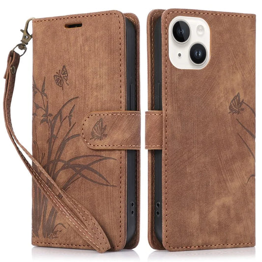 For iPhone 13 Leather Case with Strap Wallet Stand Orchid Butterfly Pattern