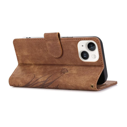 For iPhone 13 Leather Case with Strap Wallet Stand Orchid Butterfly Pattern