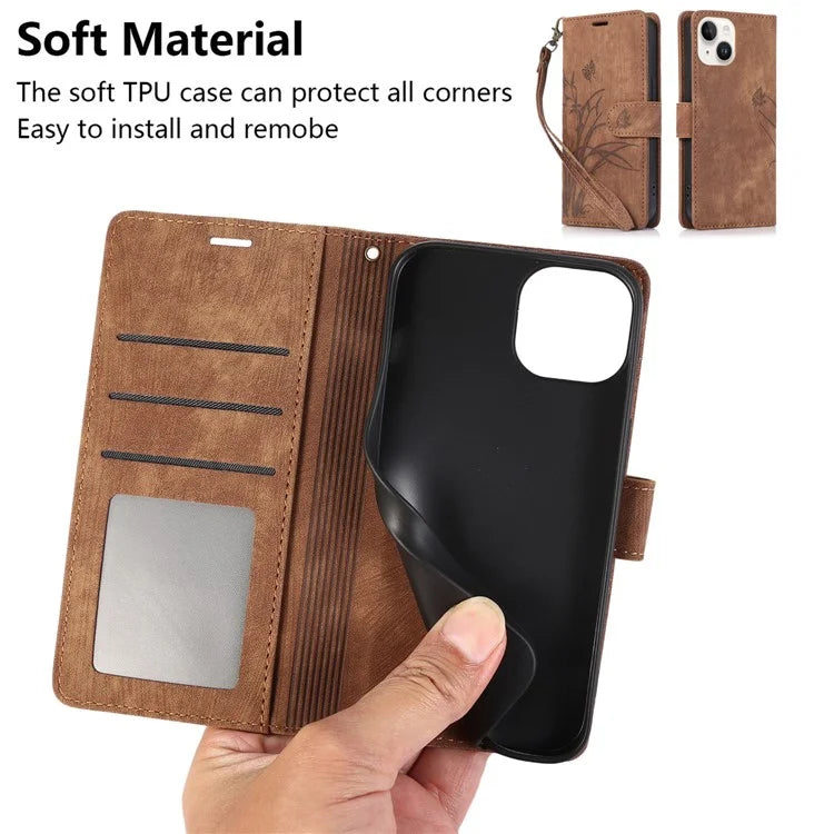 For iPhone 13 Leather Case with Strap Wallet Stand Orchid Butterfly Pattern