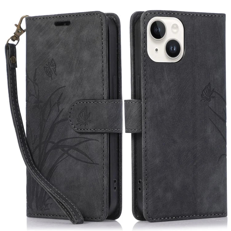 For iPhone 13 Leather Case with Strap Wallet Stand Orchid Butterfly Pattern