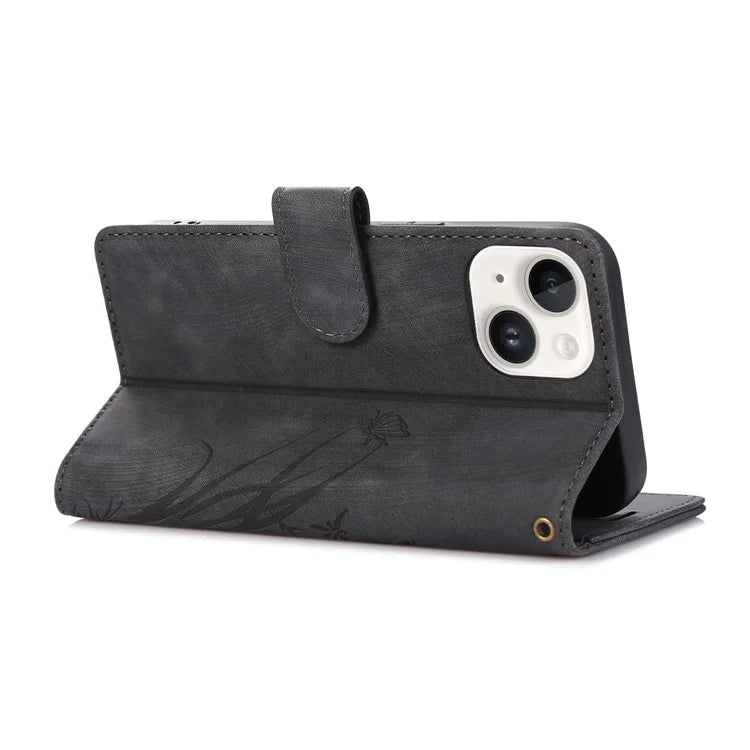 For iPhone 13 Leather Case with Strap Wallet Stand Orchid Butterfly Pattern