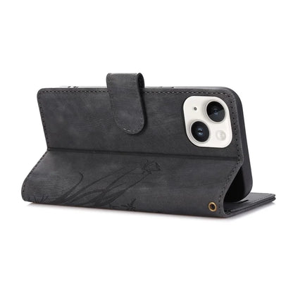 For iPhone 13 Leather Case with Strap Wallet Stand Orchid Butterfly Pattern