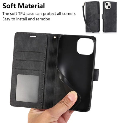 For iPhone 13 Leather Case with Strap Wallet Stand Orchid Butterfly Pattern