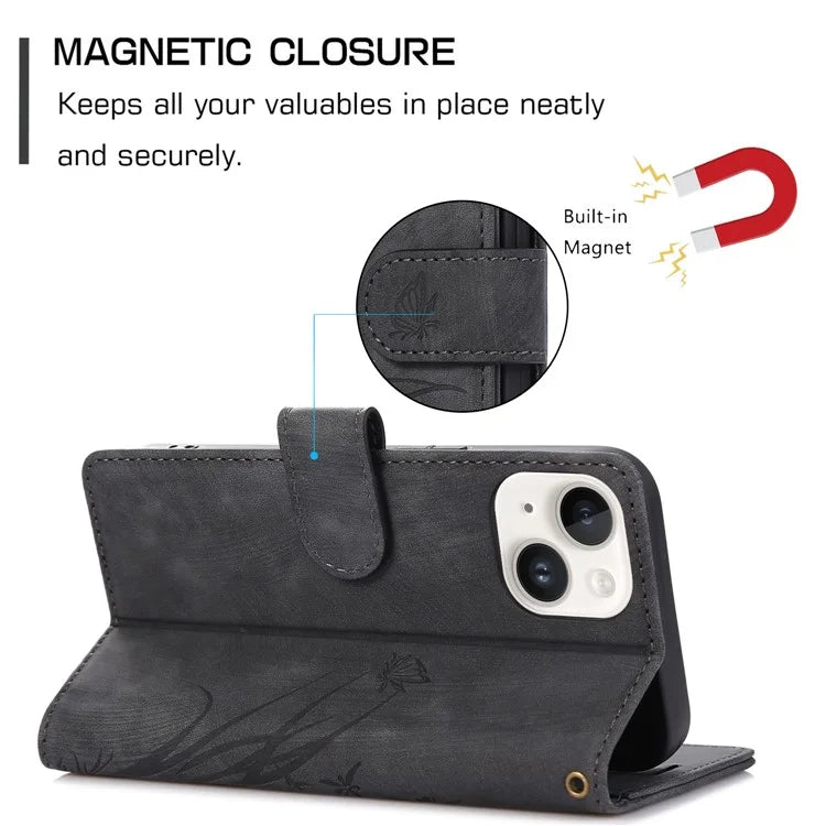 For iPhone 13 Leather Case with Strap Wallet Stand Orchid Butterfly Pattern