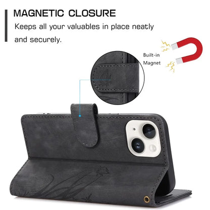 For iPhone 13 Leather Case with Strap Wallet Stand Orchid Butterfly Pattern