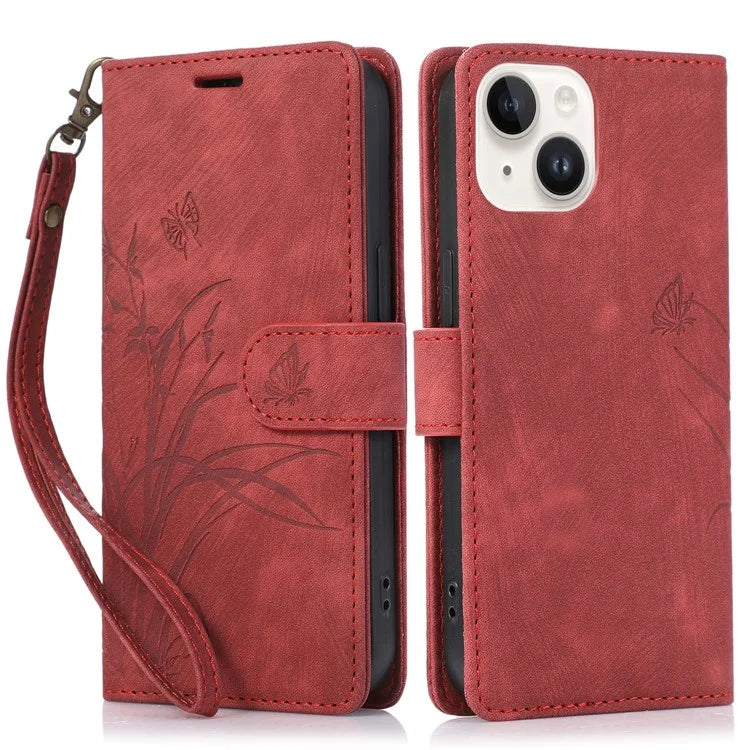 For iPhone 13 Leather Case with Strap Wallet Stand Orchid Butterfly Pattern