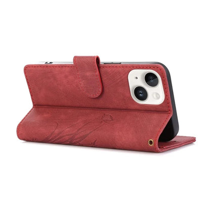 For iPhone 13 Leather Case with Strap Wallet Stand Orchid Butterfly Pattern