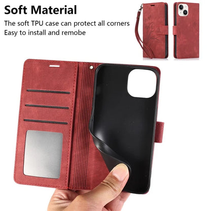 For iPhone 13 Leather Case with Strap Wallet Stand Orchid Butterfly Pattern