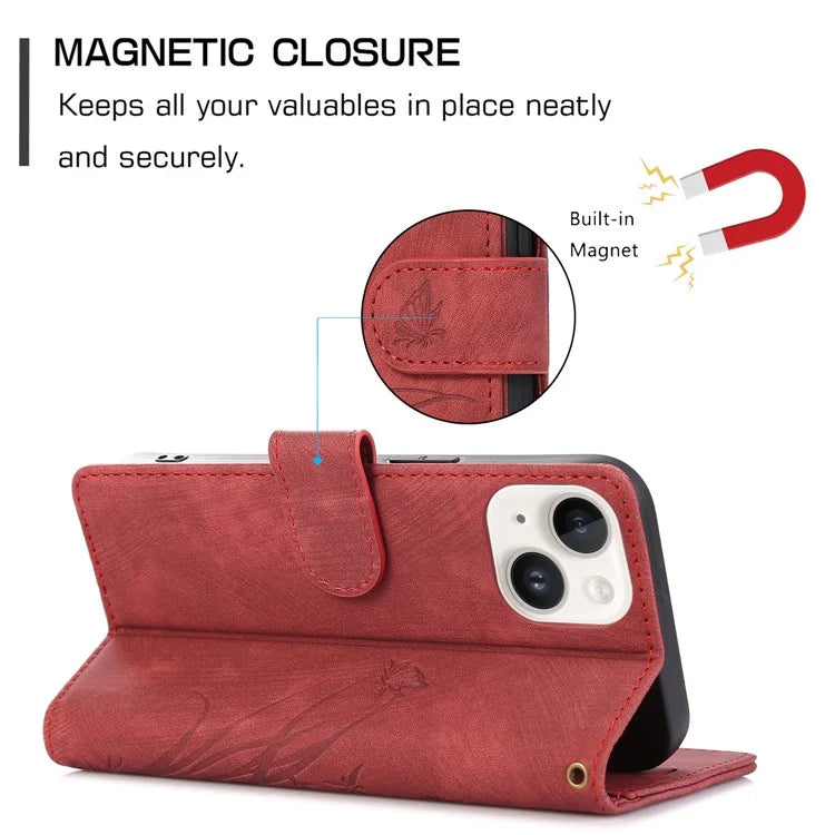 For iPhone 13 Leather Case with Strap Wallet Stand Orchid Butterfly Pattern