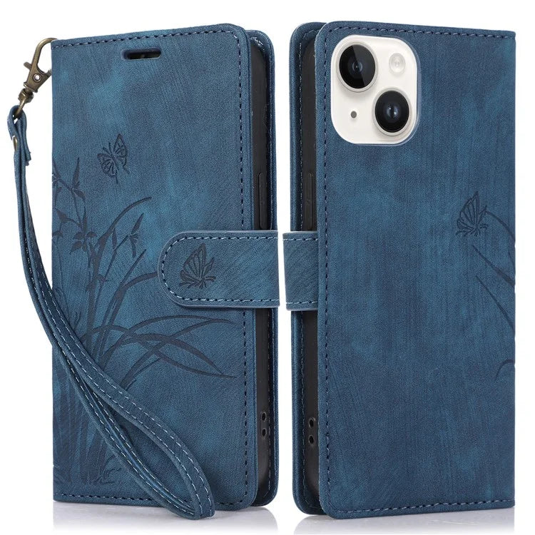 For iPhone 13 Leather Case with Strap Wallet Stand Orchid Butterfly Pattern