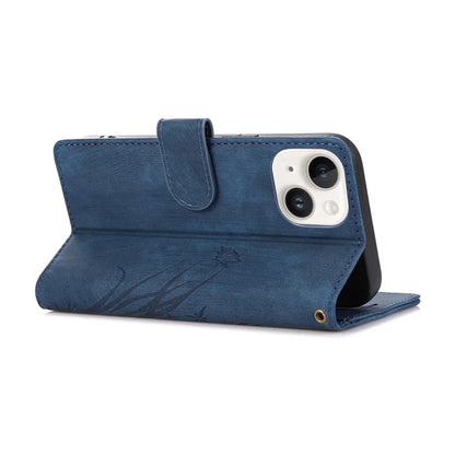 For iPhone 13 Leather Case with Strap Wallet Stand Orchid Butterfly Pattern