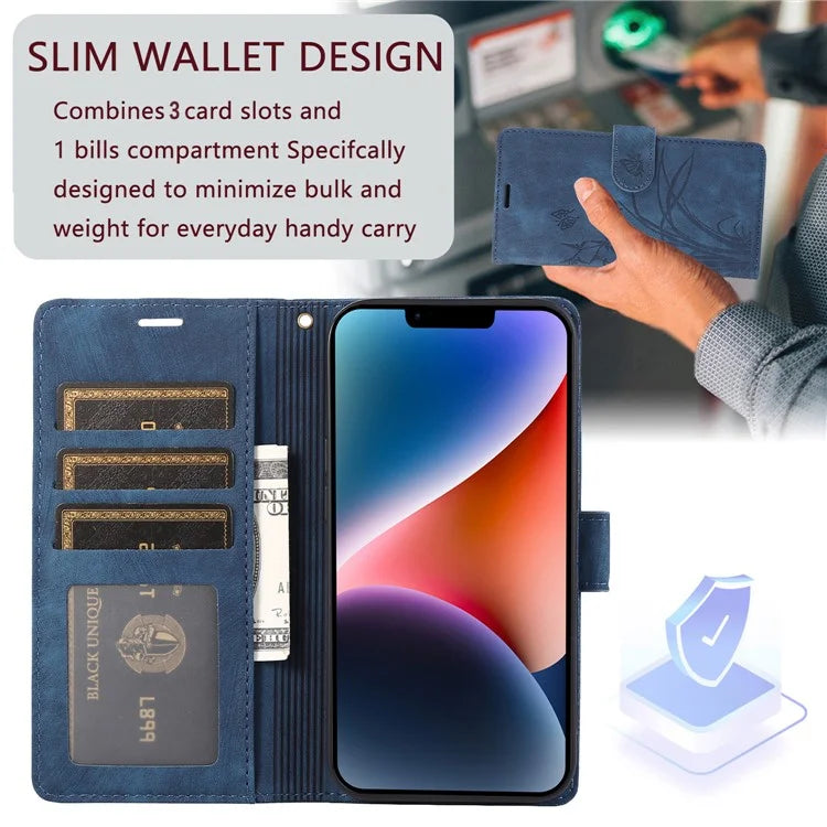For iPhone 13 Leather Case with Strap Wallet Stand Orchid Butterfly Pattern