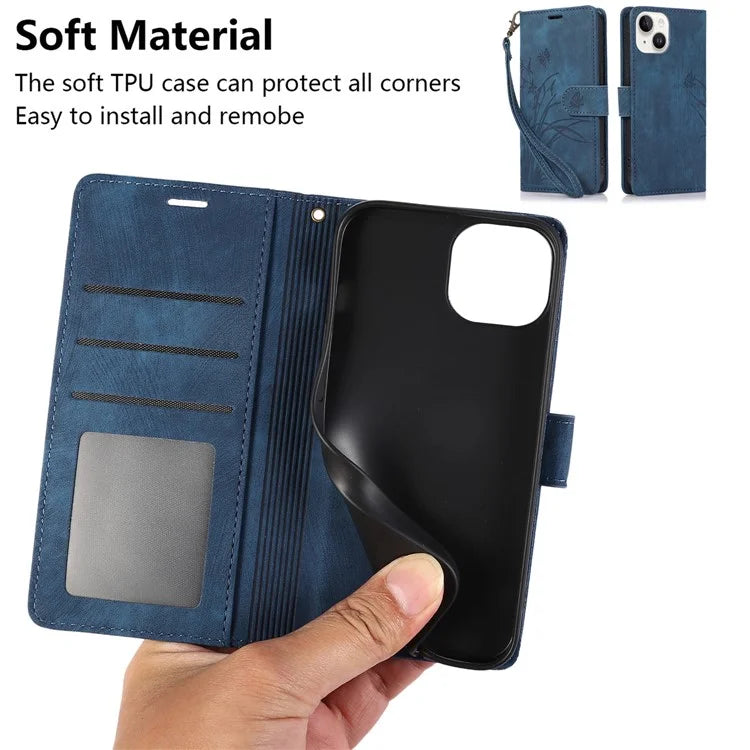 For iPhone 13 Leather Case with Strap Wallet Stand Orchid Butterfly Pattern