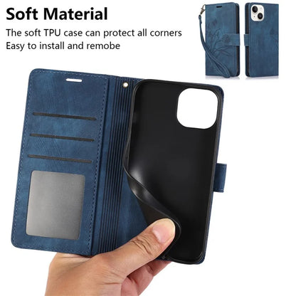 For iPhone 13 Leather Case with Strap Wallet Stand Orchid Butterfly Pattern
