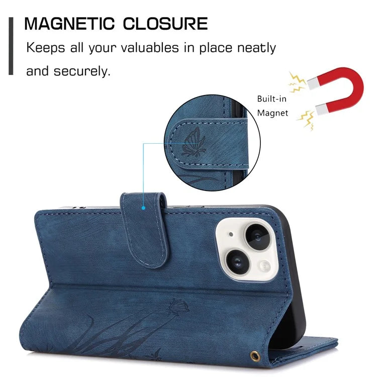 For iPhone 13 Leather Case with Strap Wallet Stand Orchid Butterfly Pattern