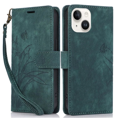 For iPhone 13 Leather Case with Strap Wallet Stand Orchid Butterfly Pattern