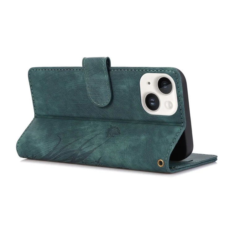 For iPhone 13 Leather Case with Strap Wallet Stand Orchid Butterfly Pattern