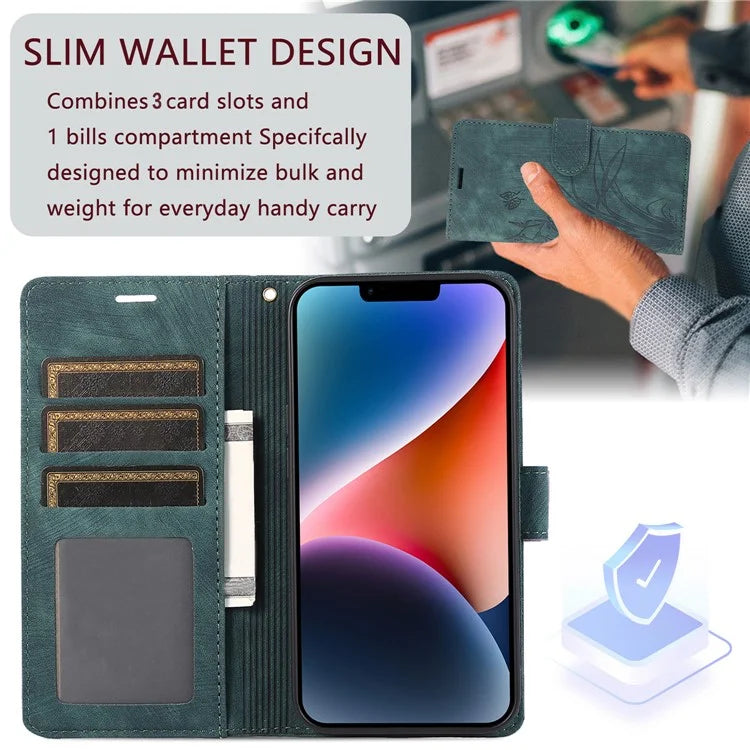 For iPhone 13 Leather Case with Strap Wallet Stand Orchid Butterfly Pattern