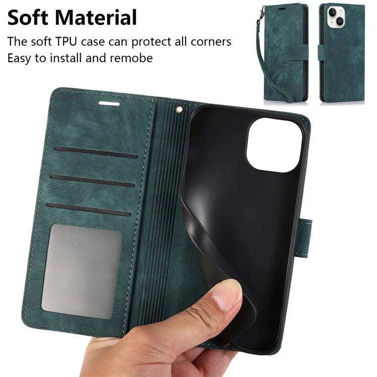 For iPhone 13 Leather Case with Strap Wallet Stand Orchid Butterfly Pattern
