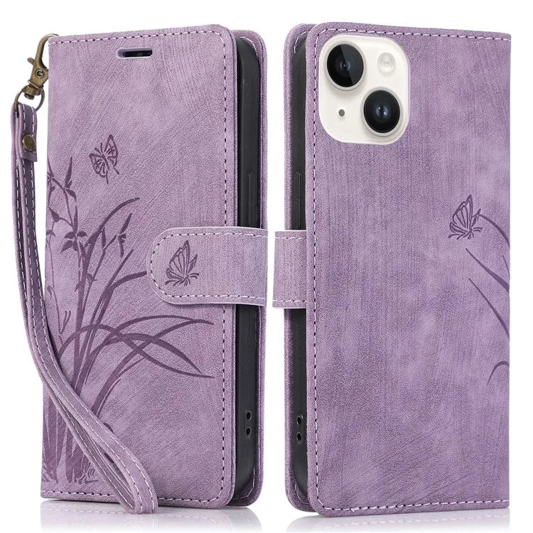 For iPhone 13 Leather Case with Strap Wallet Stand Orchid Butterfly Pattern