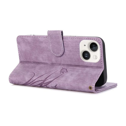 For iPhone 13 Leather Case with Strap Wallet Stand Orchid Butterfly Pattern